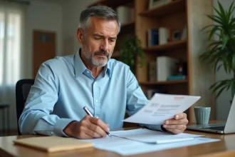 Homme consultant des documents officiels liés à une amende à son bureau à domicile