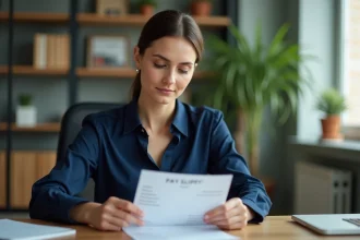 Femme consultant sa fiche de paie à 1800 euros bruts dans un bureau moderne