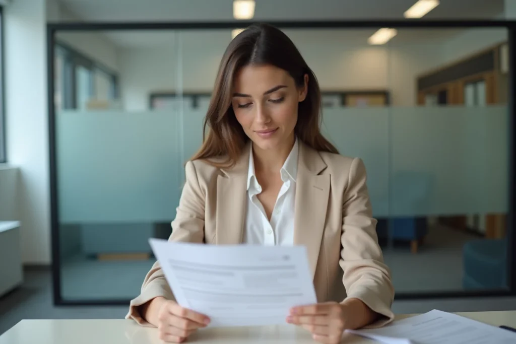 Femme lisant un formulaire de demande de délai dans un bureau administratif