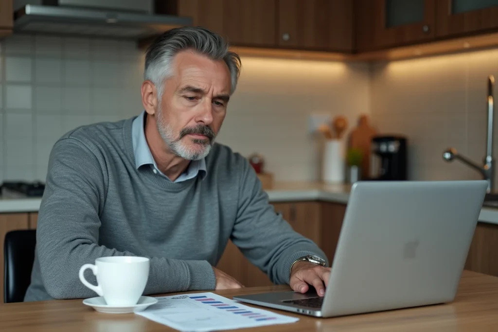 Homme calculant son salaire net après prélèvement à la source sur ordinateur portable