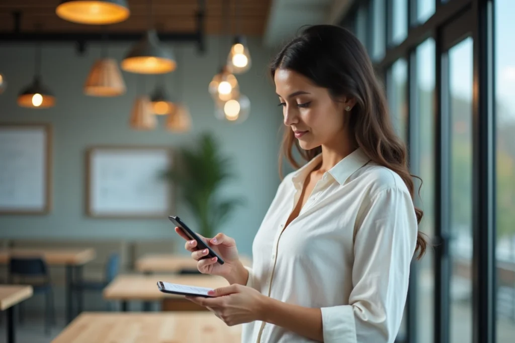 Jeune professionnelle utilisant un simulateur de salaire net sur smartphone dans un espace de coworking