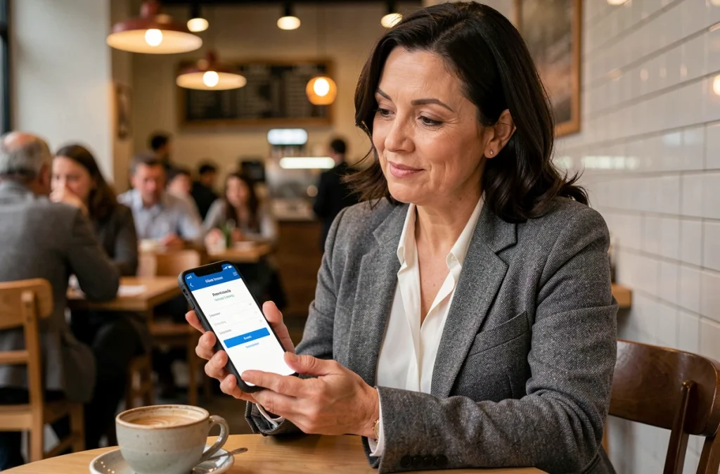 Femme consultant son espace client sur smartphone avec une connexion lente dans un café