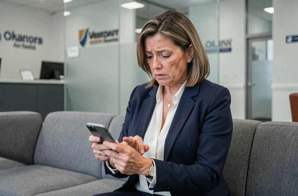 Femme en agence bancaire tentant de récupérer l'accès à son espace client Crédit Agricole Nord Est depuis son smartphone