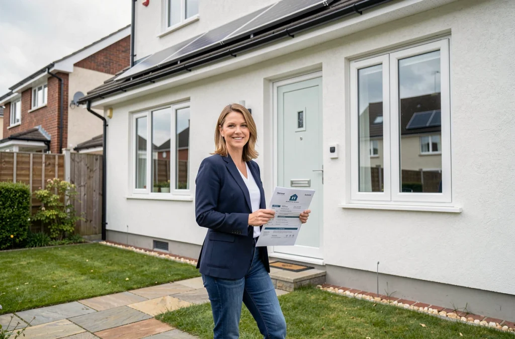 Agent immobilière devant une maison rénovée avec double vitrage et panneaux solaires