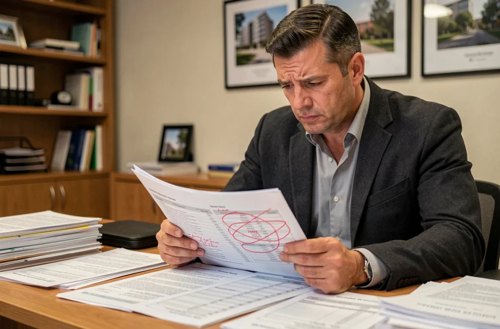 Agent immobilier analysant un rapport de gestion de copropriété défaillante avant une revente