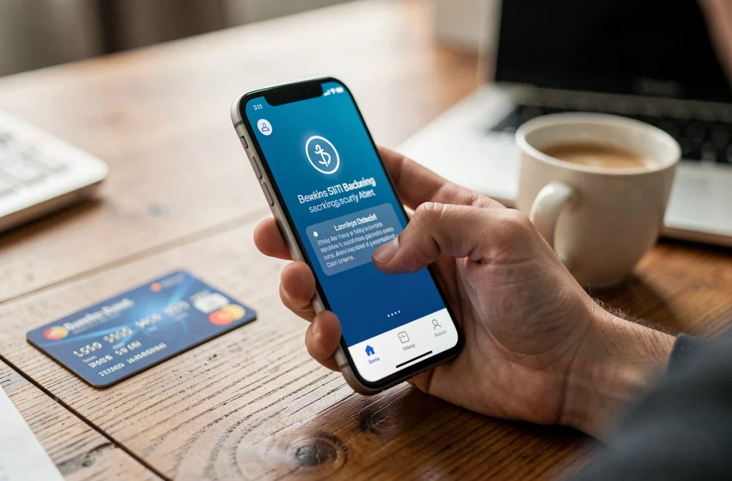 Main tenant un smartphone affichant une alerte de sécurité bancaire pour une opposition carte Crédit Agricole