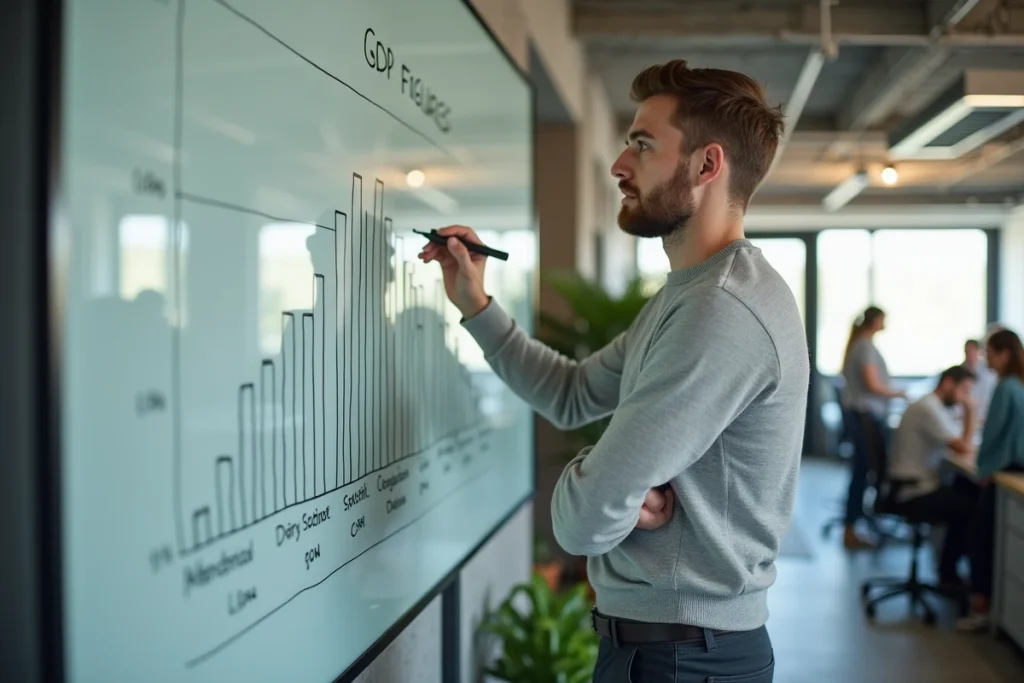 Analyste de données commentant un graphique comparatif du PIB par pays sur un tableau en verre dans un bureau moderne