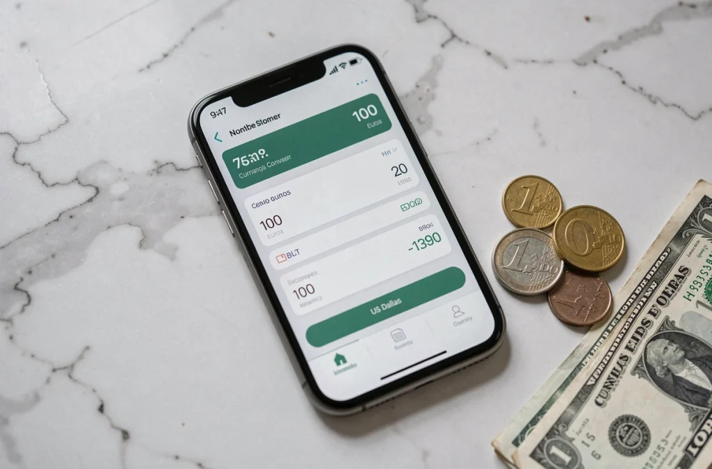 Application de conversion de devises sur smartphone montrant le taux euro-dollar avec des pièces et billets de monnaie