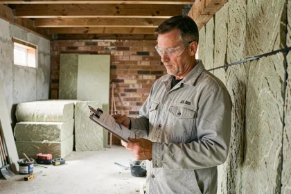 Artisan inspectant l'isolation thermique d'une maison en cours de rénovation énergétique