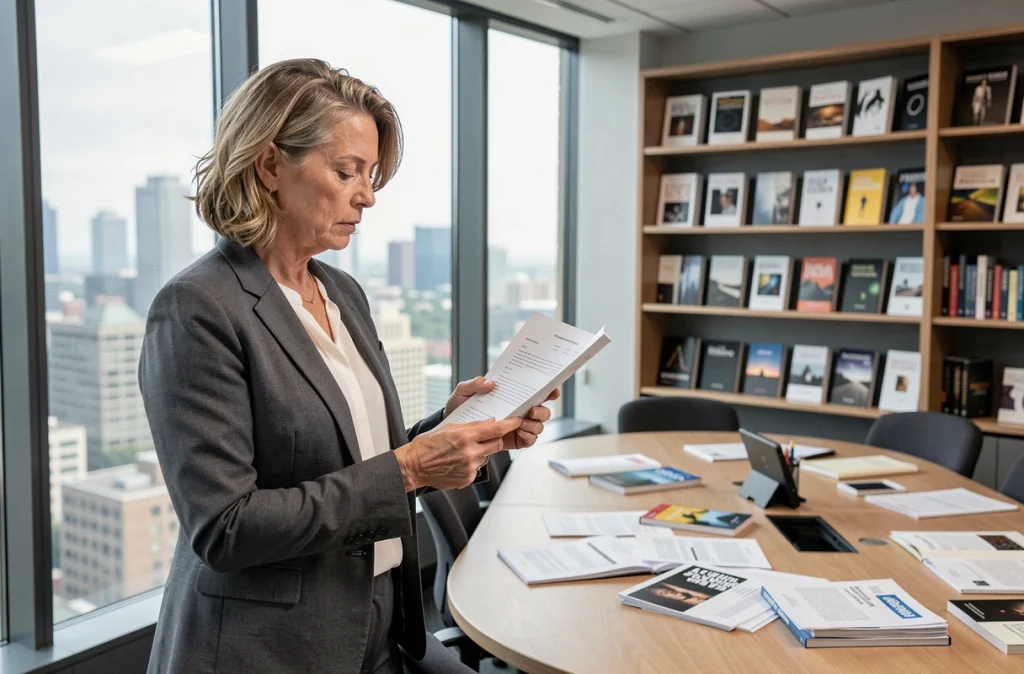 Auteure expérimentée examinant un contrat d'édition dans une salle de réunion de maison d'édition professionnelle