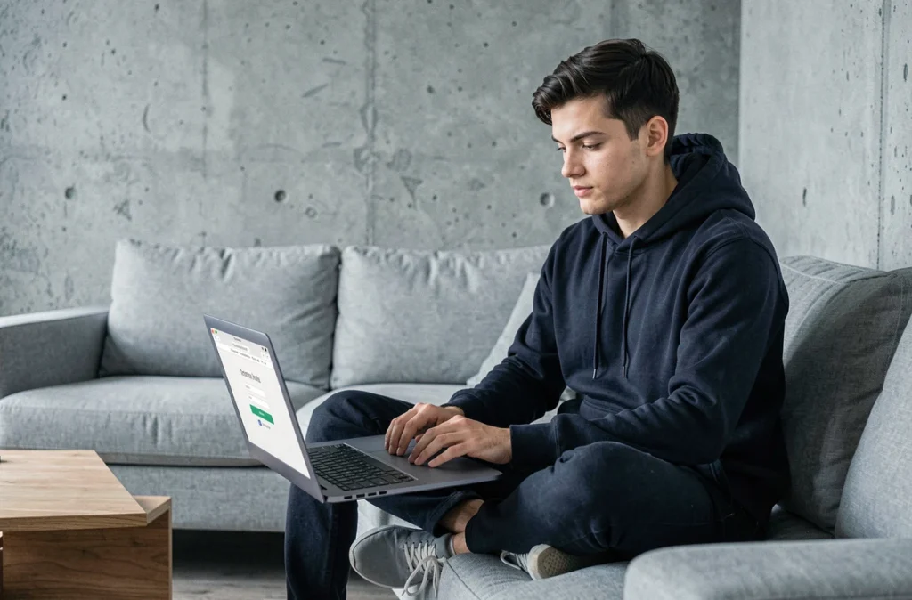 Jeune homme attendant le chargement de son espace client en ligne sur ordinateur portable dans un salon