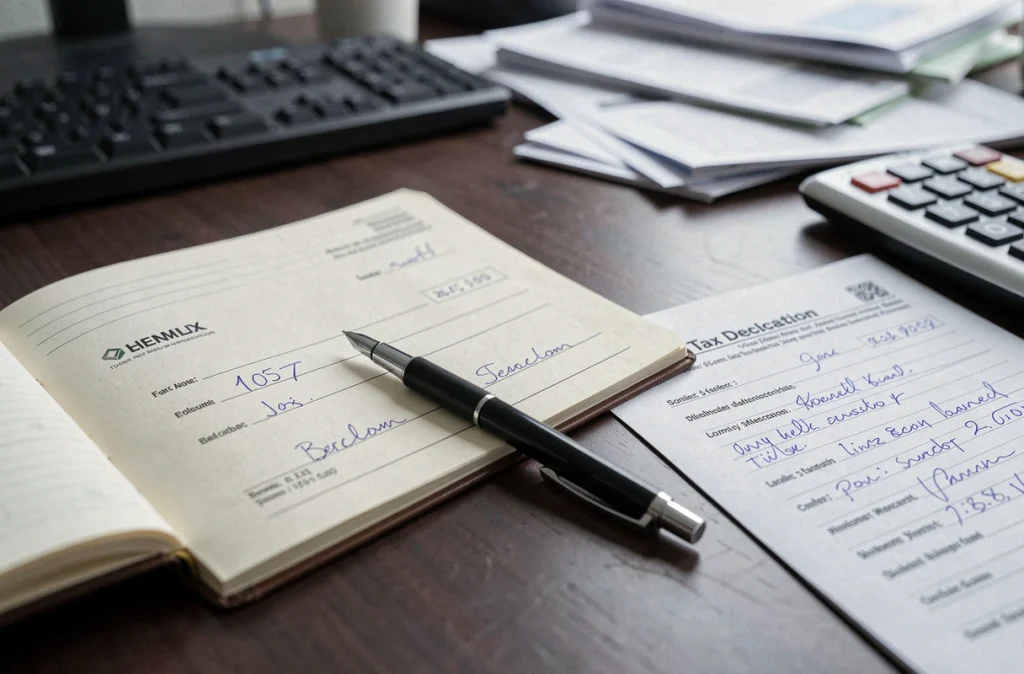 Chéquier ouvert et formulaire de déclaration fiscale posés sur un bureau en bois pour un paiement entre particuliers