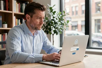 Homme frustré devant un écran de connexion lent sur son espace client bancaire en ligne