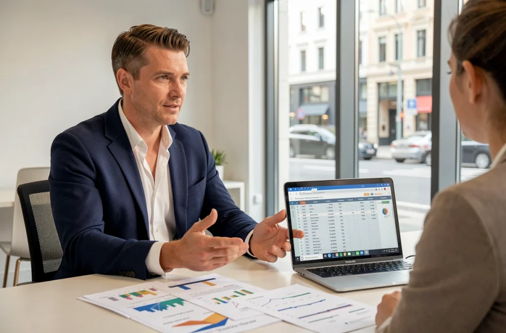 Un conseiller immobilier présente une simulation financière pour un achat en viager