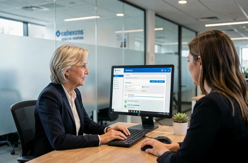 Conseillère bancaire aidant une cliente à configurer ses alertes mail et SMS depuis l'espace compte en agence