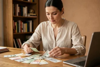 Femme consultant des billets en euros et en dollars sur un bureau en bois pour comparer les taux de change