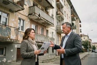 Couple de propriétaires inquiets devant un immeuble en copropriété dégradé lors d'une tentative de revente