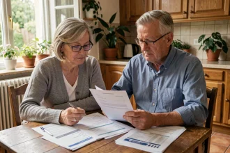 Couple de retraités examinant leurs documents de pension et déclarations fiscales à la table de cuisine
