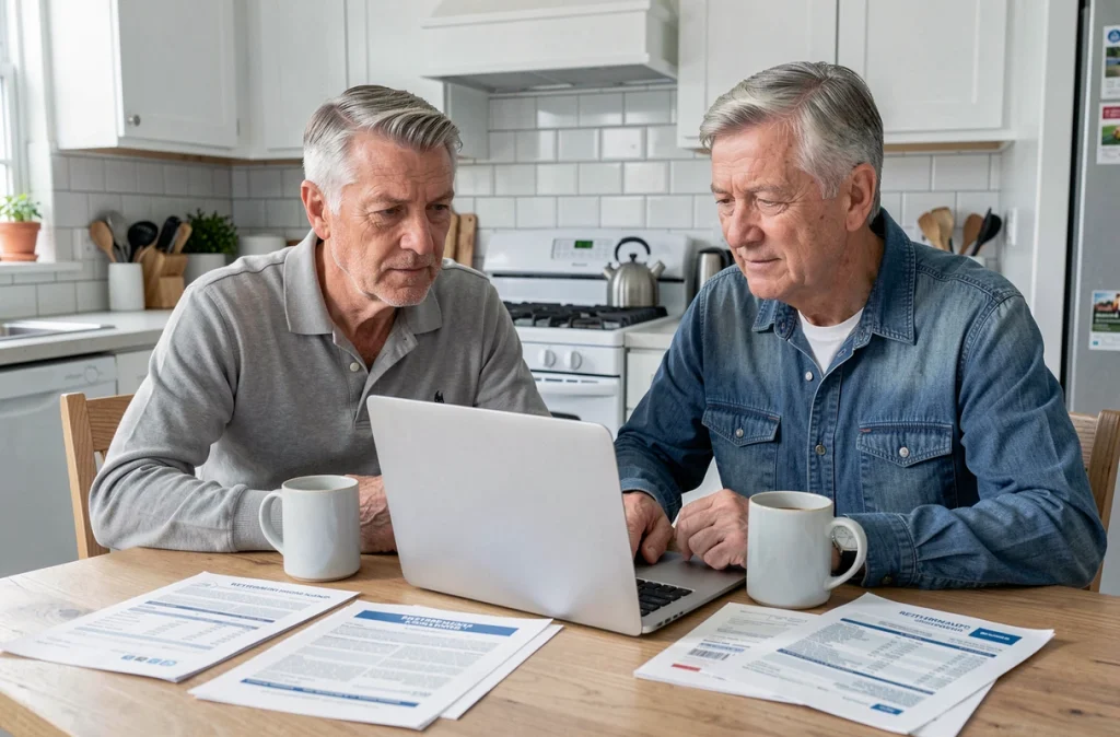 Couple de retraités planifiant leur stratégie de revenus par dividendes à la table de cuisine