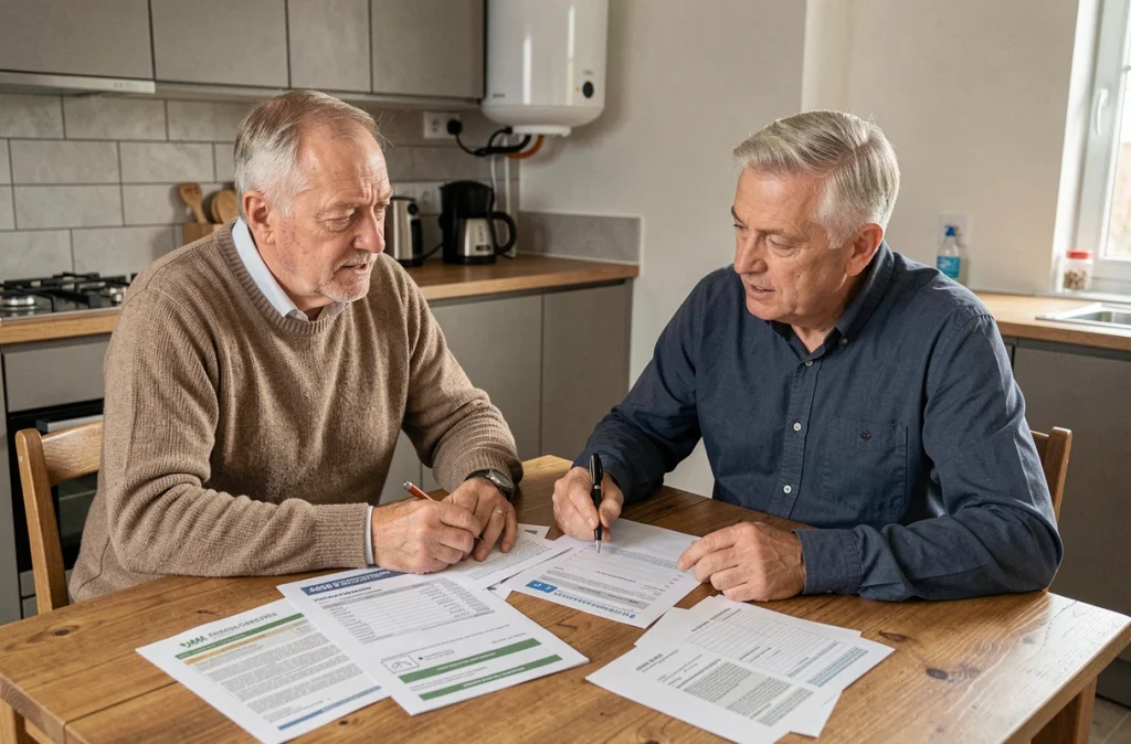 Couple de seniors étudiant les documents de rénovation énergétique dans leur cuisine modernisée