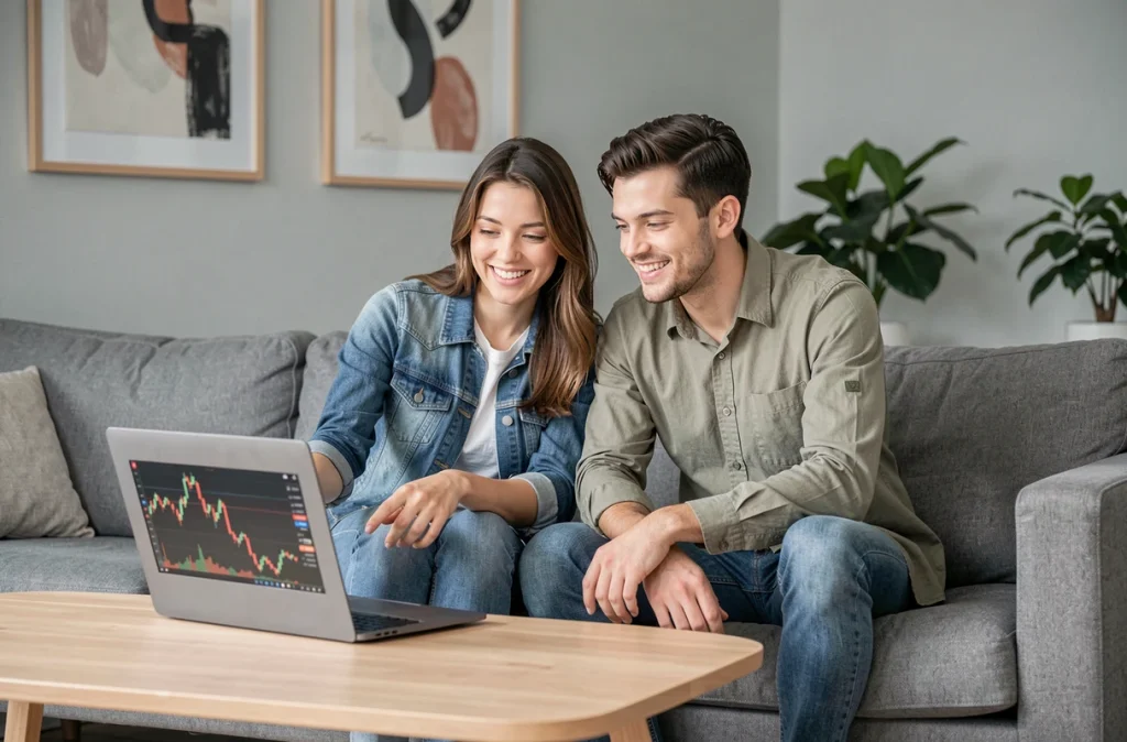 Jeune couple étudiant ensemble leur stratégie d'investissement et de gestion de patrimoine sur ordinateur