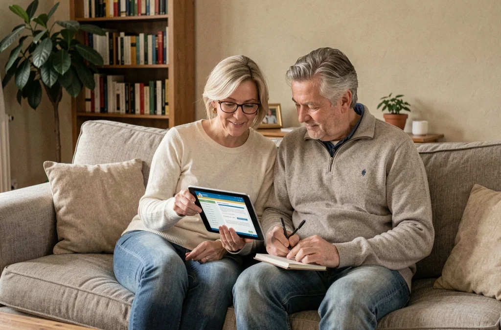 Couple consultant le portail de la Sécurité sociale sur tablette pour vérifier le calendrier de versement de leur pension d'invalidité