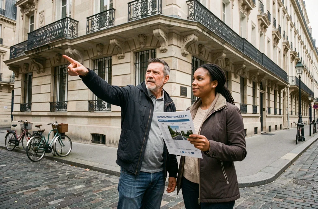 Un couple étudie un immeuble haussmannien dans le cadre d'un achat en viager à Paris