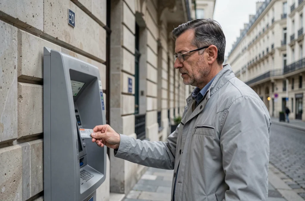 Un homme utilise un distributeur automatique en ville pour gérer son compte Crédit Agricole et sécuriser sa carte en 2026