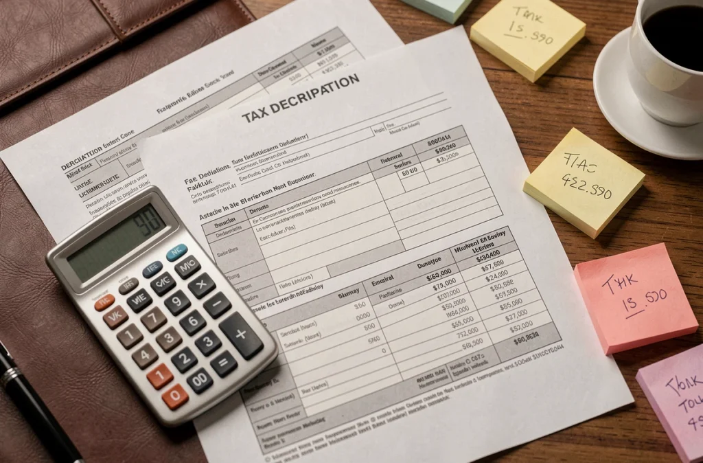 Vue aérienne d'un bureau avec des documents fiscaux, une calculatrice et des notes manuscrites relatifs au rachat d'une rente d'accident du travail