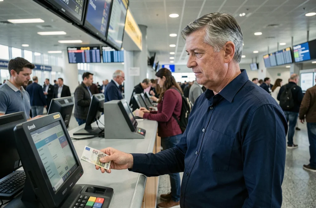 Homme échangeant des euros contre des dollars américains au comptoir de change d'un aéroport international