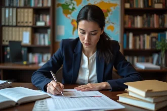 Économiste analysant un classement des pays par PIB sur des documents imprimés dans un bureau universitaire