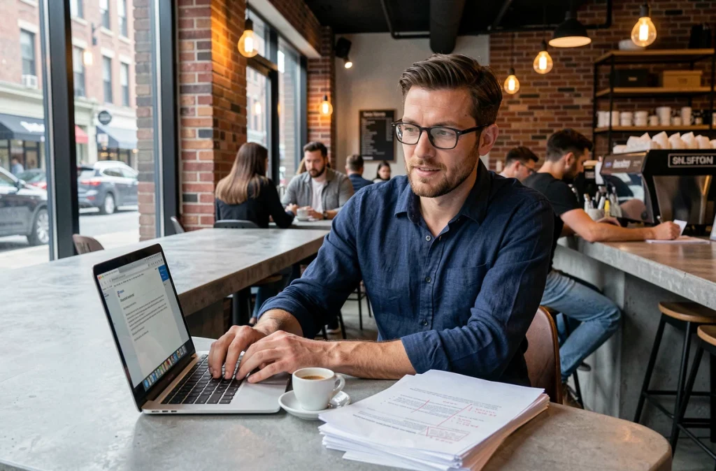 Écrivain masculin travaillant sur son manuscrit dans un café urbain avec ordinateur portable et corrections manuscrites