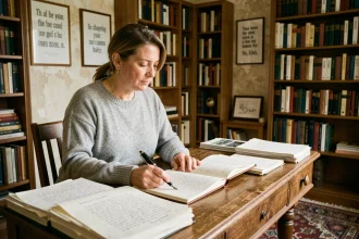 Écrivaine concentrée à son bureau avec manuscrits et stylo plume dans un bureau à domicile entouré de livres