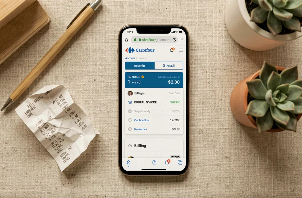 Smartphone affichant une facture Carrefour en ligne posé sur un bureau à domicile avec reçu papier