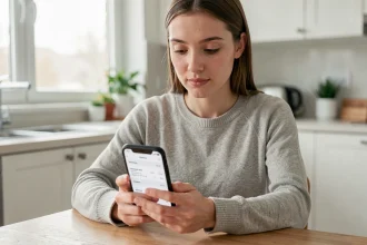 Femme consultant sa facture Carrefour en ligne sur son smartphone dans une cuisine moderne