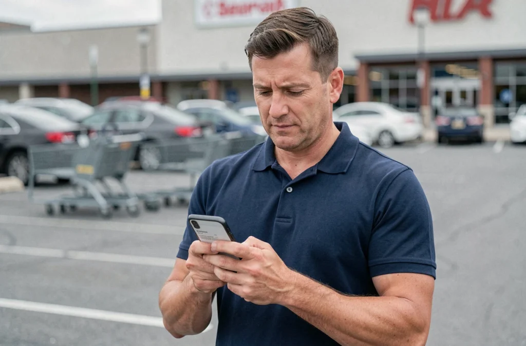 Homme accédant à sa facture Carrefour sur mobile dans un parking de supermarché