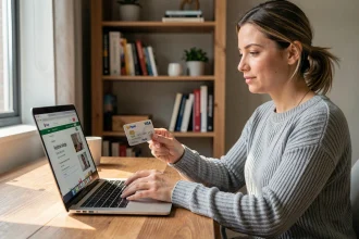 Femme utilisant un ordinateur portable pour effectuer un achat sur Amazon avec un compte PayPal via une carte bancaire liée