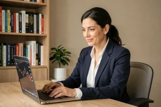 Femme professionnelle analysant des graphiques financiers sur un ordinateur portable pour optimiser son patrimoine