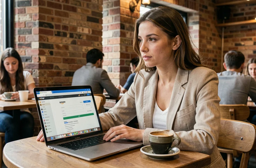 Jeune femme dans un café configurant son compte Amazon et PayPal sur un ordinateur portable pour effectuer des paiements en ligne