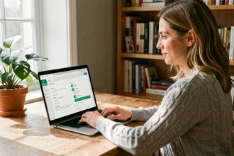 Femme configurant ses alertes mail et SMS sur son espace bancaire en ligne depuis un ordinateur portable à domicile