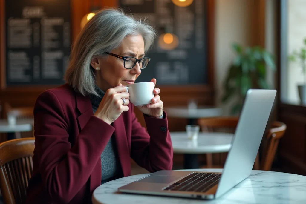 Femme consultant un classement mondial du PIB par pays sur un ordinateur portable dans un café parisien