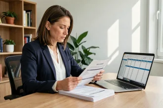Femme en tenue professionnelle consultant un solde de tout compte sur des documents imprimés dans un bureau à domicile moderne
