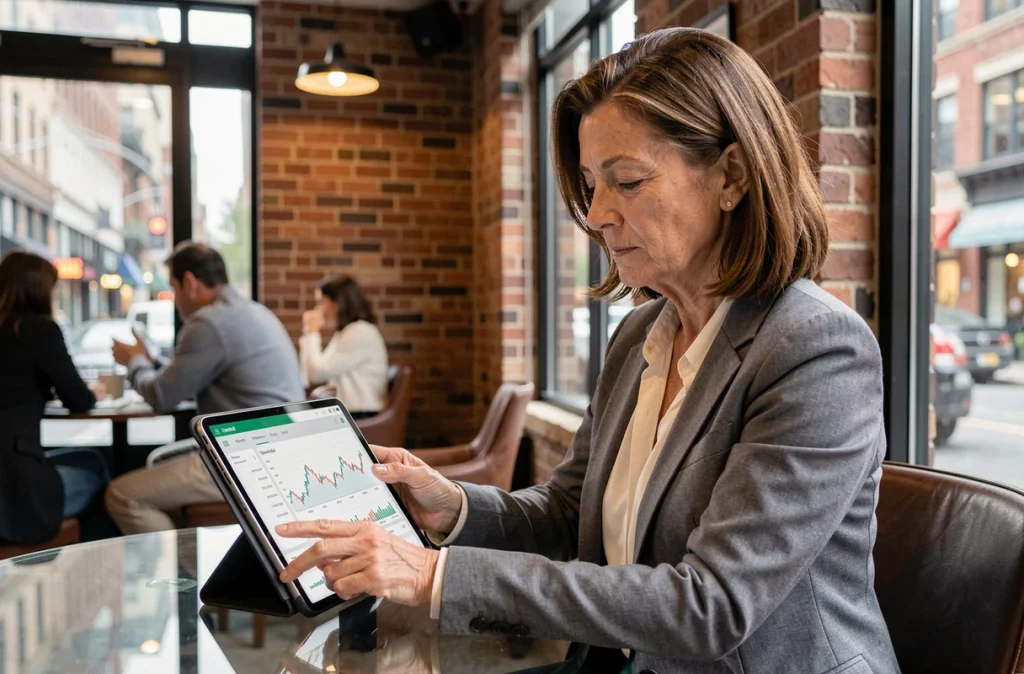 Femme investisseuse consultant un tableau de bord de dividendes sur tablette dans un café urbain