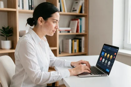 Femme utilisant un portefeuille numérique pour un paiement en stablecoin sur son ordinateur portable dans un bureau minimaliste