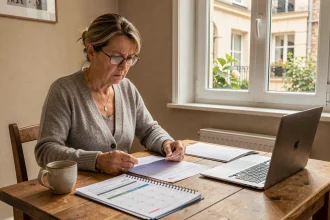 Femme de 55 ans consultant son calendrier de paiement de pension d'invalidité sur sa table de cuisine avec des documents administratifs