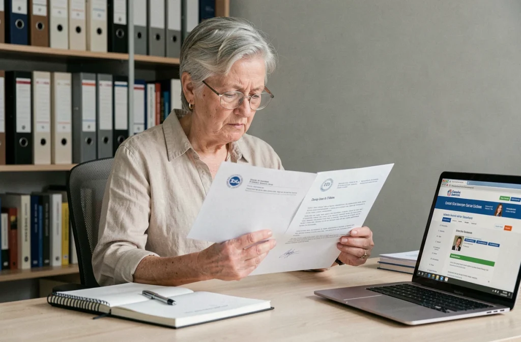 Femme retraitée comparant des courriers administratifs relatifs à la CSG à son bureau à domicile