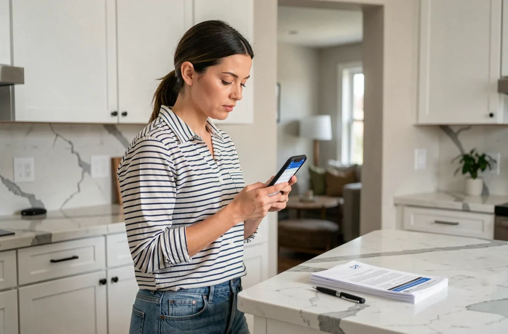 Jeune femme consultant un simulateur de calcul de solde de tout compte sur smartphone dans une cuisine moderne