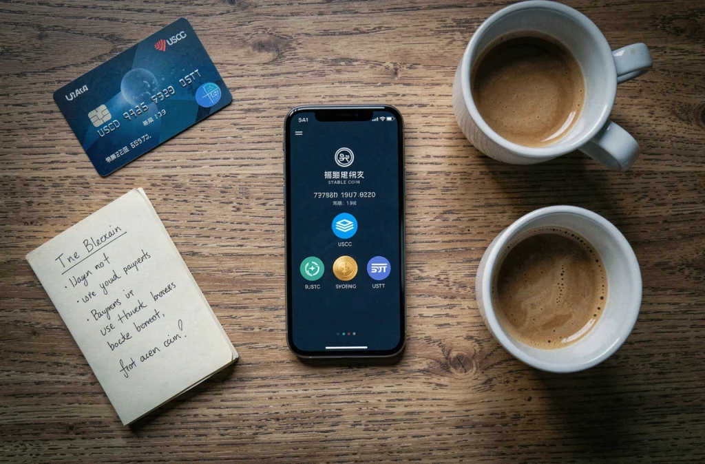 Vue aérienne d'un bureau avec smartphone affichant une transaction stablecoin, carte bancaire et notes sur les paiements blockchain