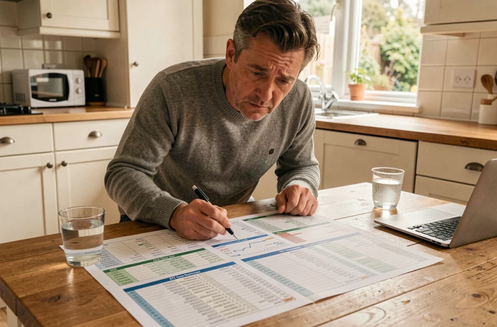 Homme d'âge moyen dépassé par l'analyse de fonds ETF sur un tableau comparatif imprimé dans une cuisine familiale