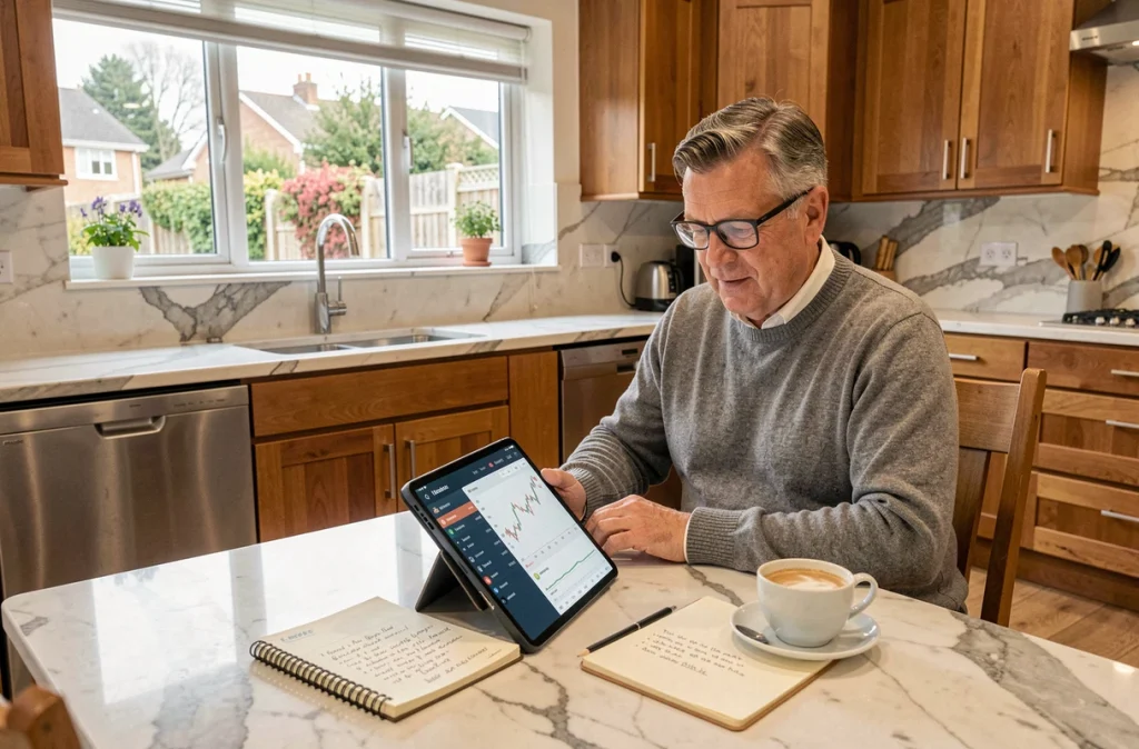Homme consultant une plateforme d'investissement patrimonial sur tablette dans sa cuisine moderne